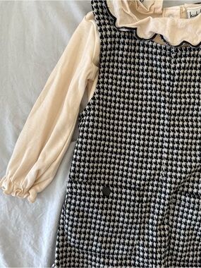 Nicole Miller Cream Blouse with Black and White Houndstooth Pinafore Dress